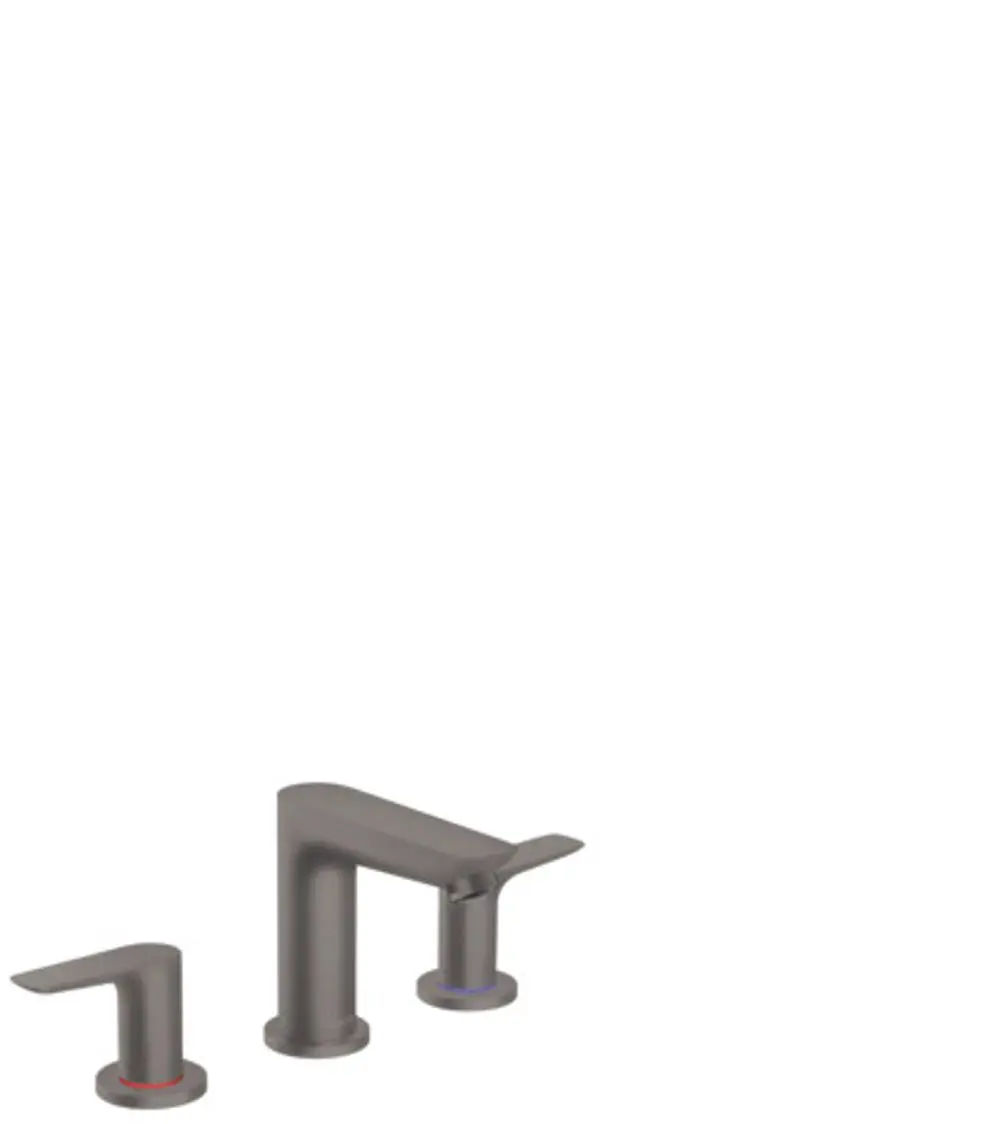 Dreiarmige Waschtischarmatur von Hansgrohe in Brushed Black Chrome mit zwei Bedienhebel für Warm- und Kaltwasser und Auslauf.